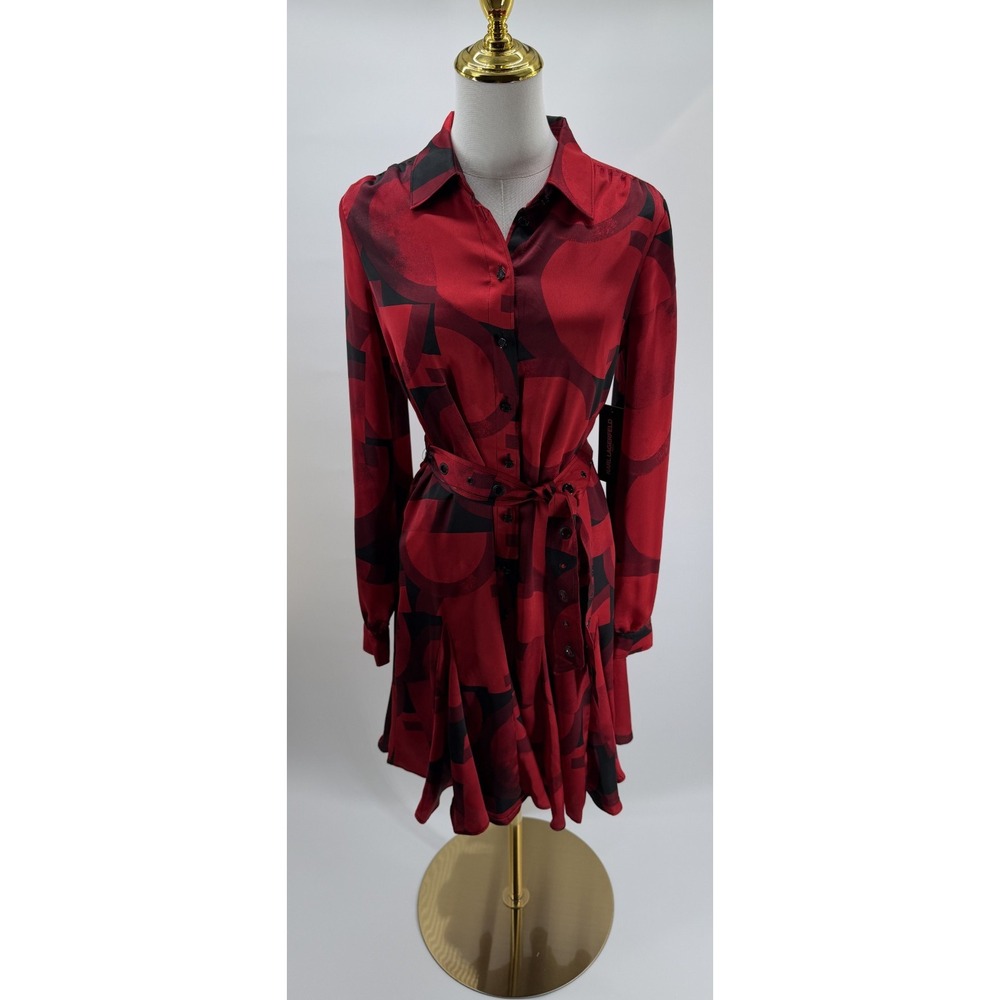 Karl Lagerfeld Paris Women's Printed Button Down Belted Dress Admiral Red Size 2